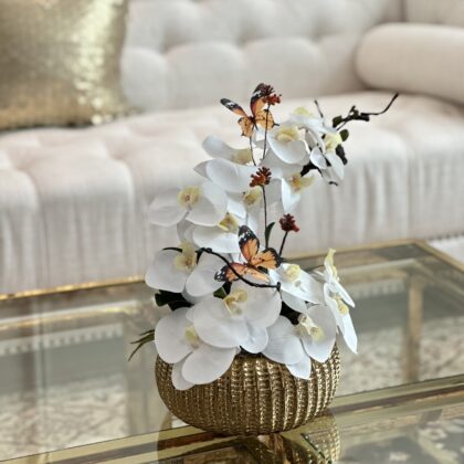 Orchids Vase Arrangement with butterfly in a Gold ceramic vase