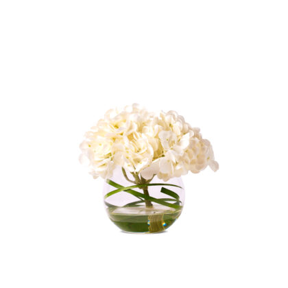 Small Hydrangeas Arranged In A Round-Shaped Vase